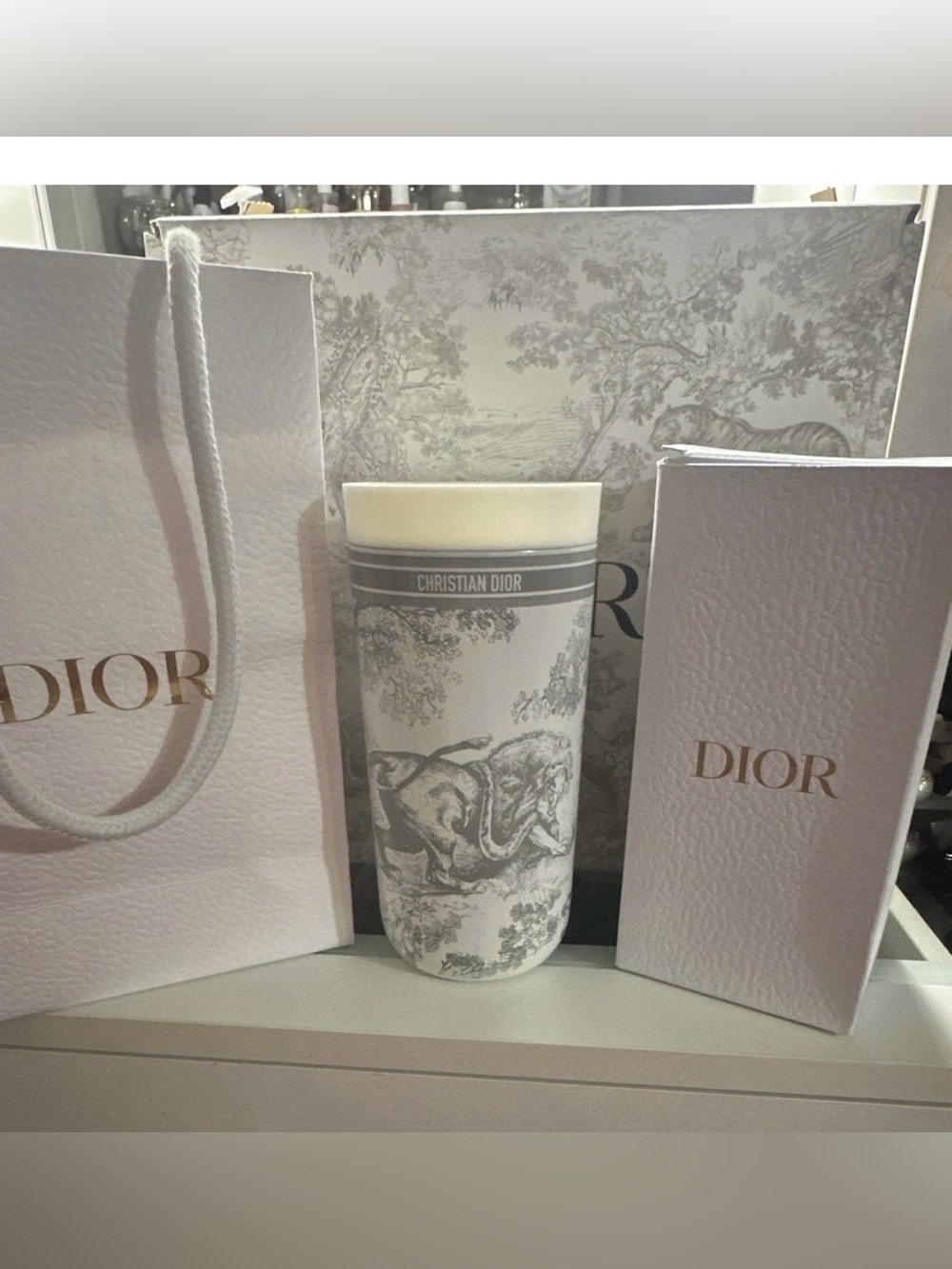 Limited Edition Dior White and Grey Toile de Jouy Travel Mug by Dior